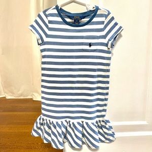 Girls size 6; blue and white stripe dress. 100% cotton.